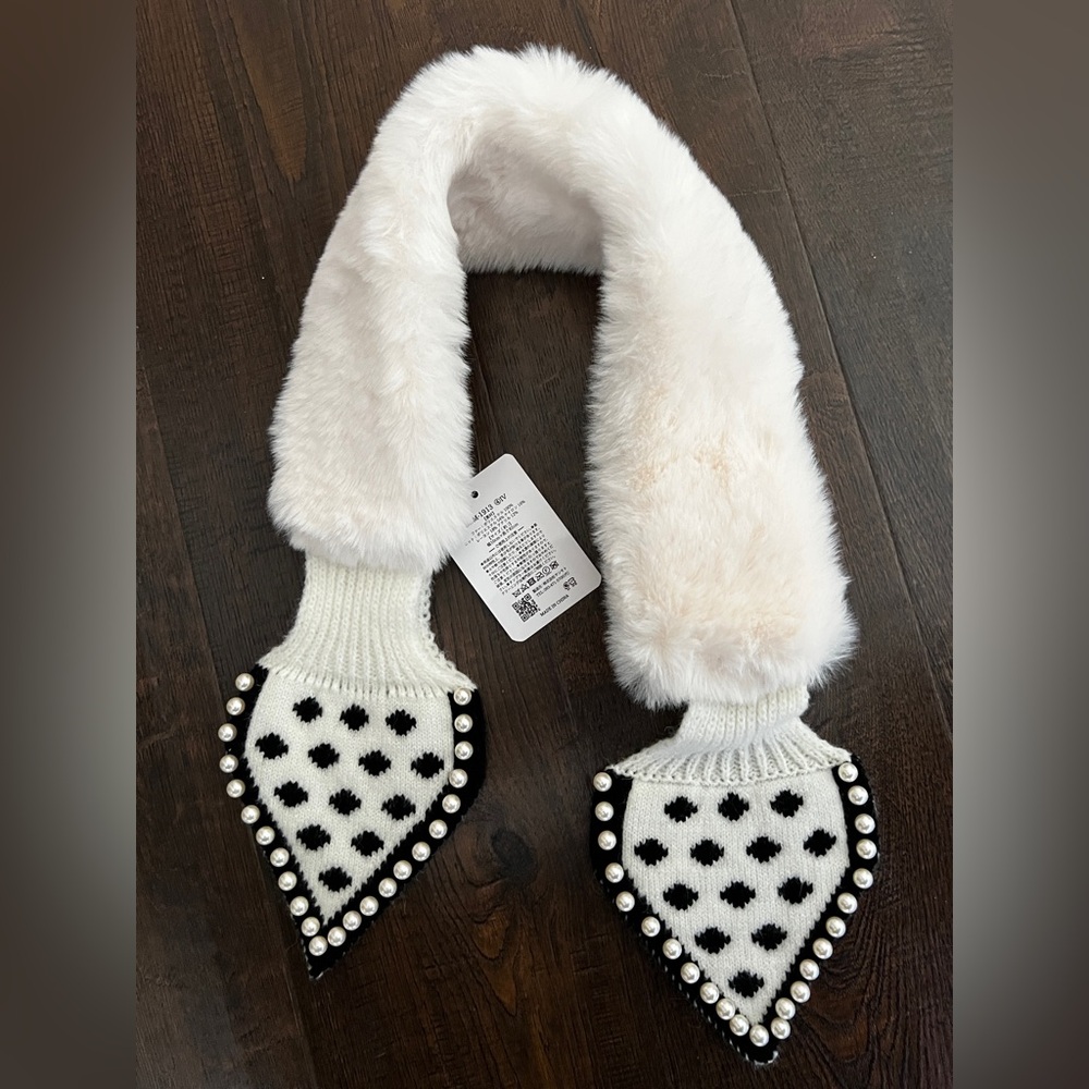White Faux Fur Scarf with Polka Dot Ends